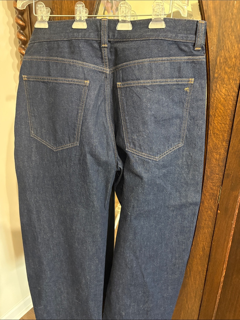 Madewell dark blue jeans. Balloon cut